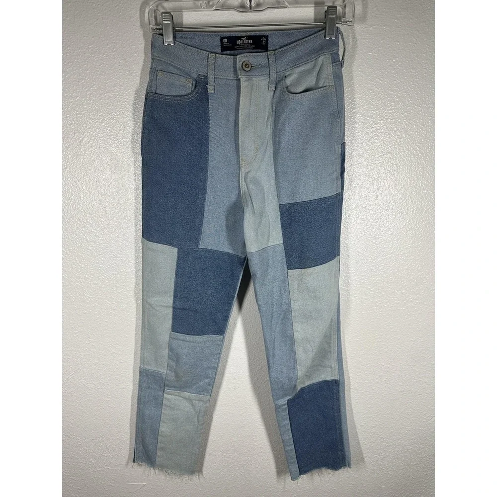 Hollister Jeans‎ Womens 0 Blue Patchwork High Rise Mom Raw Hem Stretch Denim
